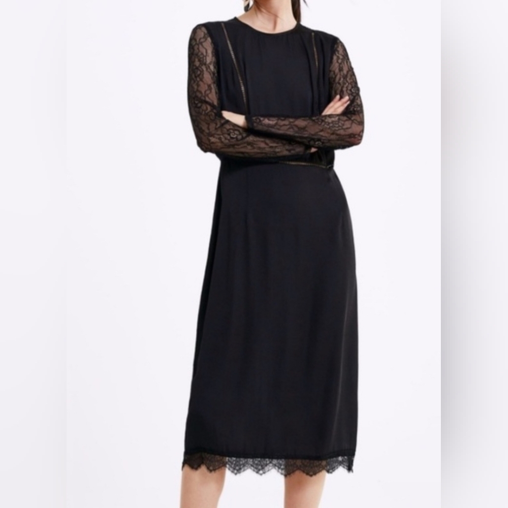 ZARA Black Satin Lace Midi Dress